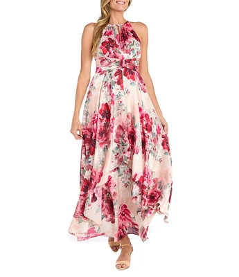 R & M Richards Halter Keyhole Floral Printed A-Line Dress