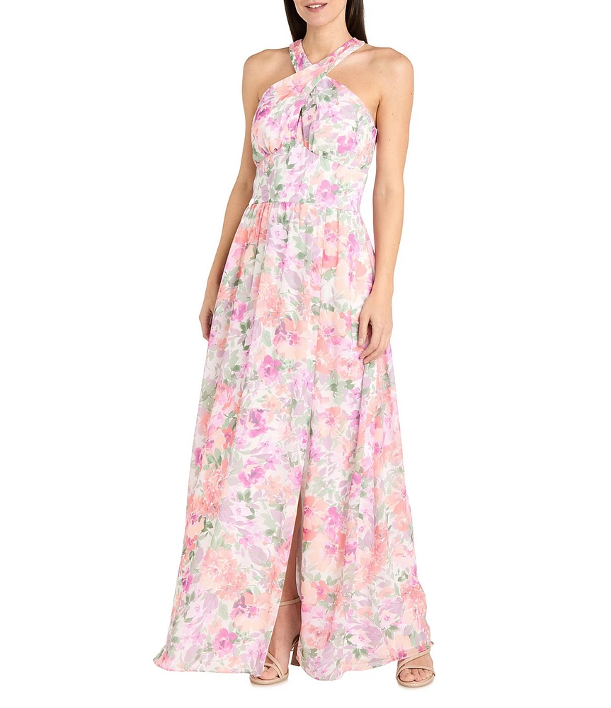 R & M Richards Halter Neck Floral Print Chiffon Maxi Dress