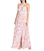 R & M Richards Halter Neck Floral Print Chiffon Maxi Dress