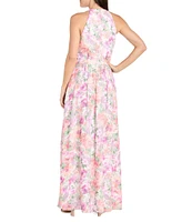 R & M Richards Halter Neck Floral Print Chiffon Maxi Dress