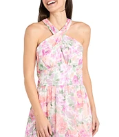 R & M Richards Halter Neck Floral Print Chiffon Maxi Dress