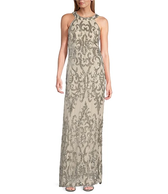 R & M Richards Halter Neck Sleeveless Embroidered Sequin Sheath Dress