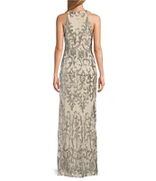 R & M Richards Halter Neck Sleeveless Embroidered Sequin Sheath Dress