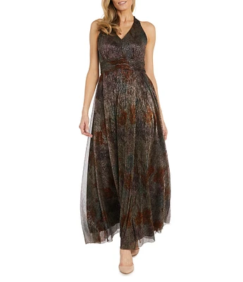 R & M Richards Halter Neck Sleeveless Metallic Crinkle A Line Gown