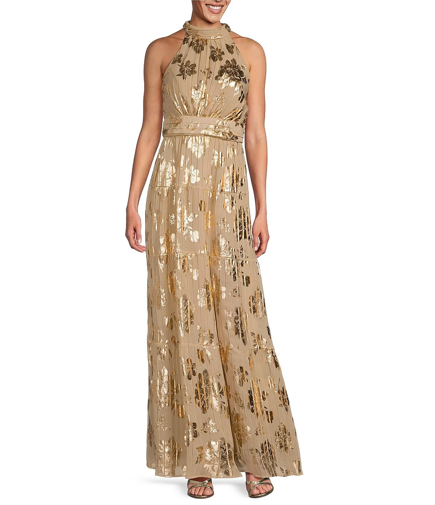 R & M Richards Halter Pleated Foil Dress