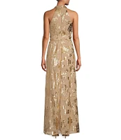 R & M Richards Halter Pleated Foil Dress