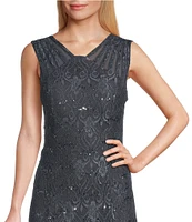 R & M Richards Illusion Shoulder High V-Neck Sleeveless Lace Sheath Gown