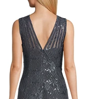 R & M Richards Illusion Shoulder High V-Neck Sleeveless Lace Sheath Gown