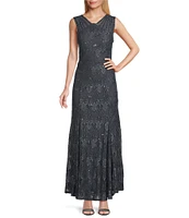 R & M Richards Illusion Shoulder High V-Neck Sleeveless Lace Sheath Gown