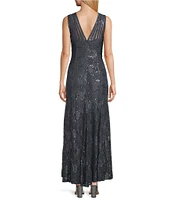 R & M Richards Illusion Shoulder High V-Neck Sleeveless Lace Sheath Gown