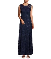 R & M Richards Illusion Shoulder High V-Neck Sleeveless Lace Sheath Gown