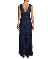 R & M Richards Illusion Shoulder High V-Neck Sleeveless Lace Sheath Gown