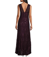 R & M Richards Illusion Shoulder High V-Neck Sleeveless Lace Sheath Gown