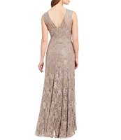 R & M Richards Illusion Shoulder High V-Neck Sleeveless Lace Sheath Gown