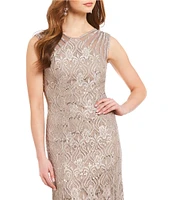 R & M Richards Illusion Shoulder High V-Neck Sleeveless Lace Sheath Gown