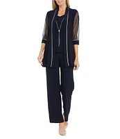 R & M Richards ITY Mesh 3/4 Sleeve Crew Neck Straight Leg 3-Piece Pant Set