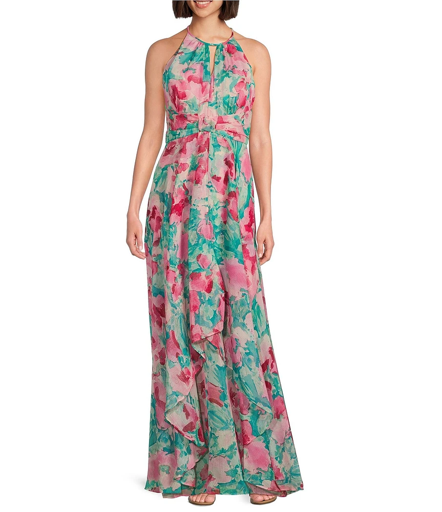 R & M Richards Keyhole Halter Neck Floral Print Dress