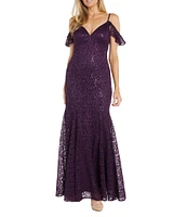 R & M Richards Lace Glitter V-Neck Flutter Cap Sleeve Godet Sheath Gown