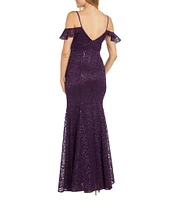 R & M Richards Lace Glitter V-Neck Flutter Cap Sleeve Godet Sheath Gown