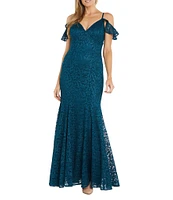 R & M Richards Lace Glitter V-Neck Flutter Cap Sleeve Godet Sheath Gown