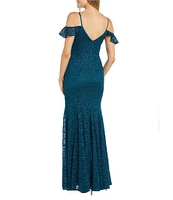 R & M Richards Lace Glitter V-Neck Flutter Cap Sleeve Godet Sheath Gown