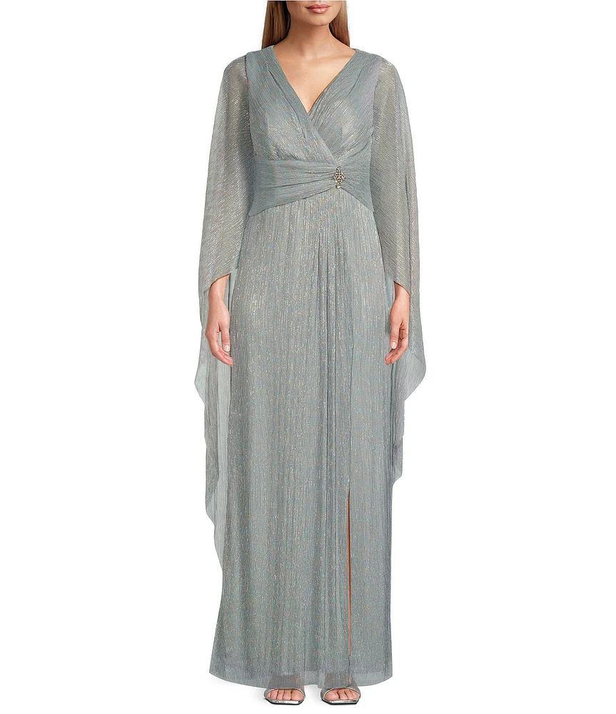 R & M Richards Long Cape Sleeve V-Neck Metallic Knit Dress