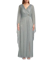 R & M Richards Long Cape Sleeve V-Neck Metallic Knit Dress