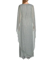 R & M Richards Long Cape Sleeve V-Neck Metallic Knit Dress