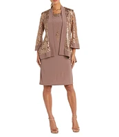 R & M Richards Long Sleeve Crew Neck Sequin Mesh 2-Piece Jacket Dress