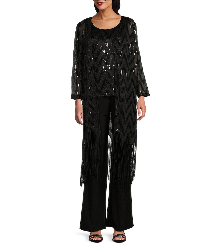 R & M Richards Long Sleeve Scoop Neck Chevron Embellished Sequin Fringe Power Mesh 3-Piece Pant Set