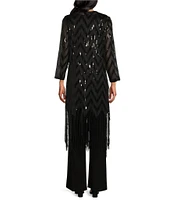 R & M Richards Long Sleeve Scoop Neck Chevron Embellished Sequin Fringe Power Mesh 3-Piece Pant Set