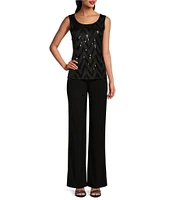 R & M Richards Long Sleeve Scoop Neck Chevron Embellished Sequin Fringe Power Mesh 3-Piece Pant Set