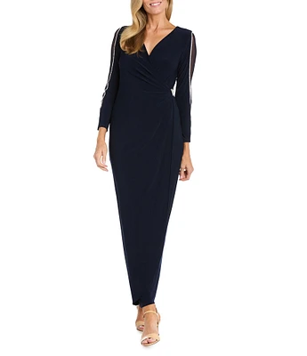 R & M Richards Mesh V-Neck 3/4 Sleeve Wrap Dress