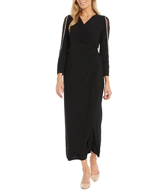R & M Richards Mesh V-Neck 3/4 Sleeve Wrap Dress
