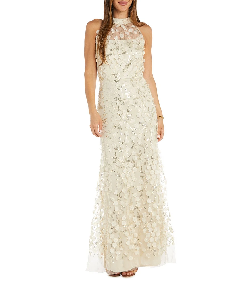 R & M Richards Mock Halter Sleeveless Embellished 3D Flower Sequin Gown