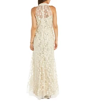 R & M Richards Mock Halter Sleeveless Embellished 3D Flower Sequin Gown