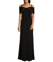 R & M Richards Off the Shoulder Satin Rhinestone Trim Neck Shoulder Sleeve Crepe Scuba A-line Dress