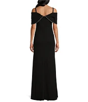 R & M Richards Off the Shoulder Satin Rhinestone Trim Neck Shoulder Sleeve Crepe Scuba A-line Dress