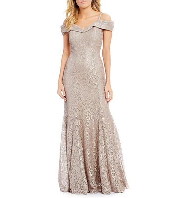 R & M Richards Off-the-Shoulder Cap Sleeve Floral Lace Mermaid Gown