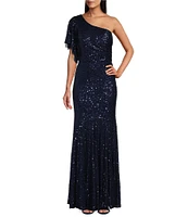 R & M Richards One Shoulder Asymmetrical Neck Short Flutter Sleeve Sequin Dress