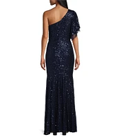 R & M Richards One Shoulder Asymmetrical Neck Short Flutter Sleeve Sequin Dress