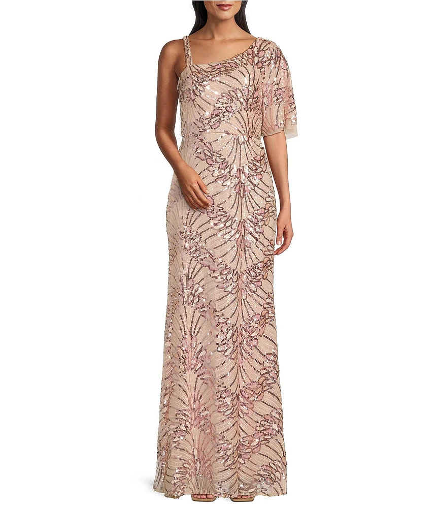 R & M Richards One Shoulder Embroidered Sequin Dress