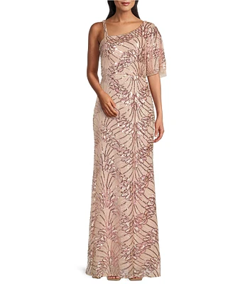 R & M Richards One Shoulder Embroidered Sequin Dress