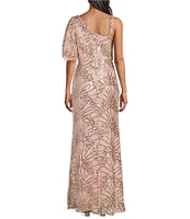 R & M Richards One Shoulder Embroidered Sequin Dress