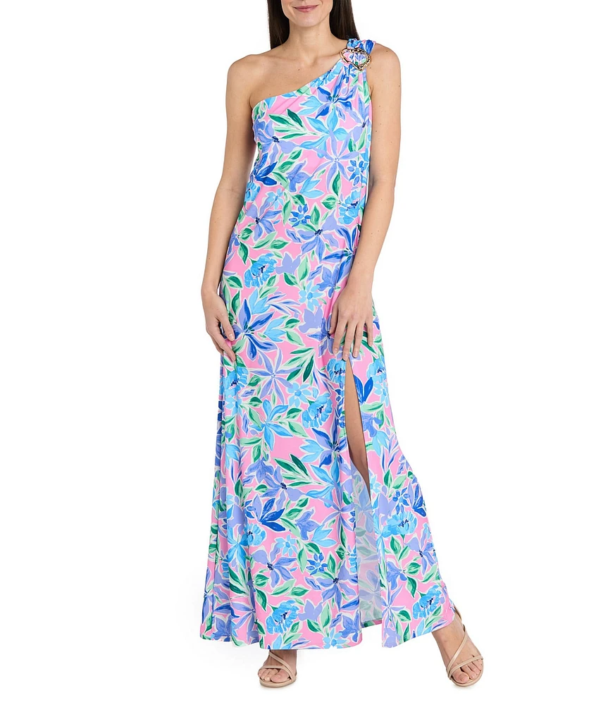 R & M Richards One Shoulder Multi Floral Print Dress