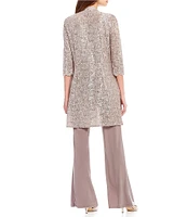 R & M Richards Petite Size Scalloped Glitter Lace Duster Stretch 3-Piece Pant Set