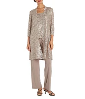 R & M Richards Petite Size Scalloped Glitter Lace Duster Stretch 3-Piece Pant Set