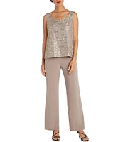 R & M Richards Petite Size Scalloped Glitter Lace Duster Stretch 3-Piece Pant Set