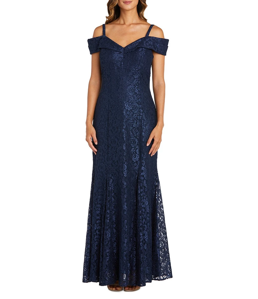 R & M Richards Petite Size Off-the-Shoulder Cap Sleeve Sweetheart Lace Gown