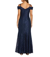 R & M Richards Petite Size Off-the-Shoulder Cap Sleeve Sweetheart Lace Gown